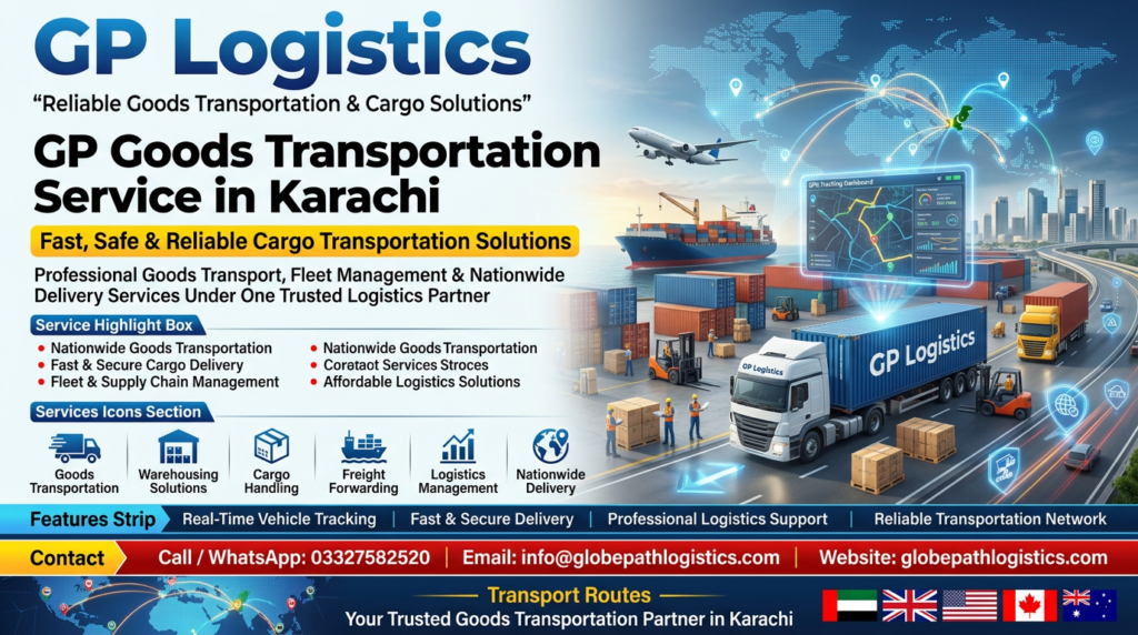 GP Logistics transport vehicle delivering commercial cargo safely in Karachi.
