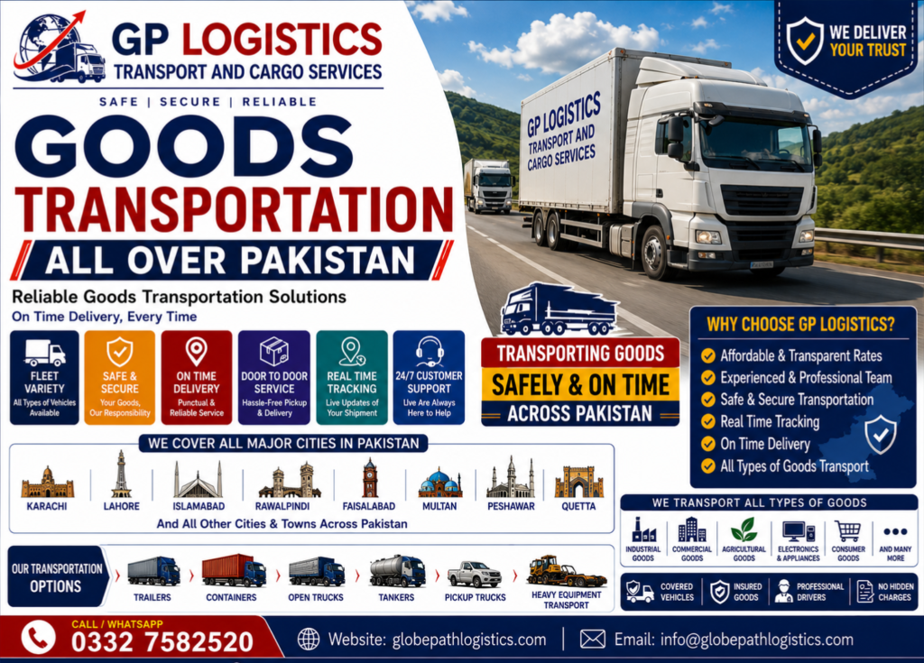 Reliable goods transportation service in Islamabad for commercial, industrial, and personal shipments with safe handling and on-time delivery.