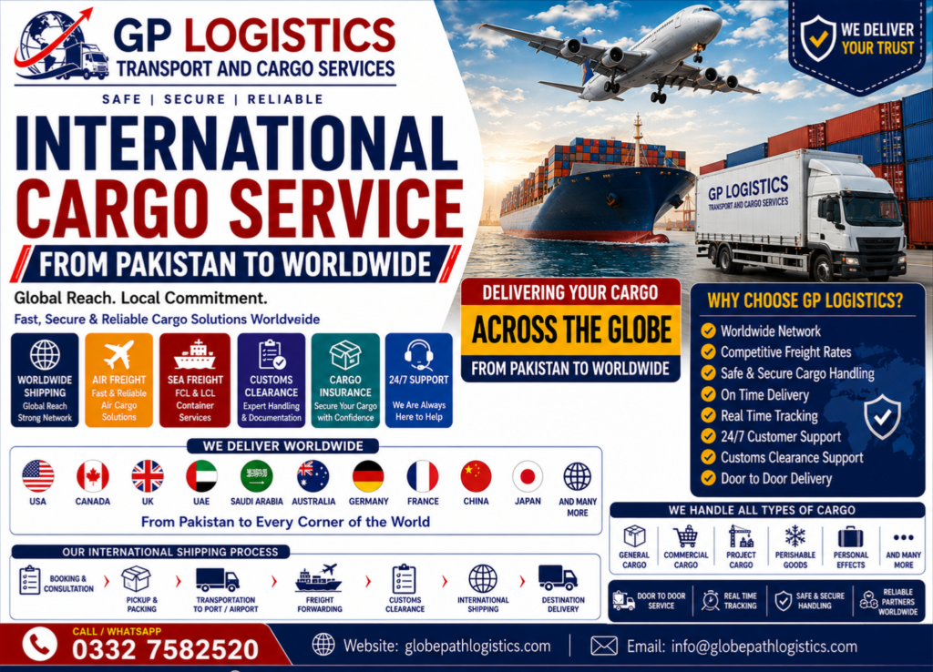 International cargo service from Pakistan to worldwide destinations with secure air and sea freight solutions, customs clearance, and timely delivery.