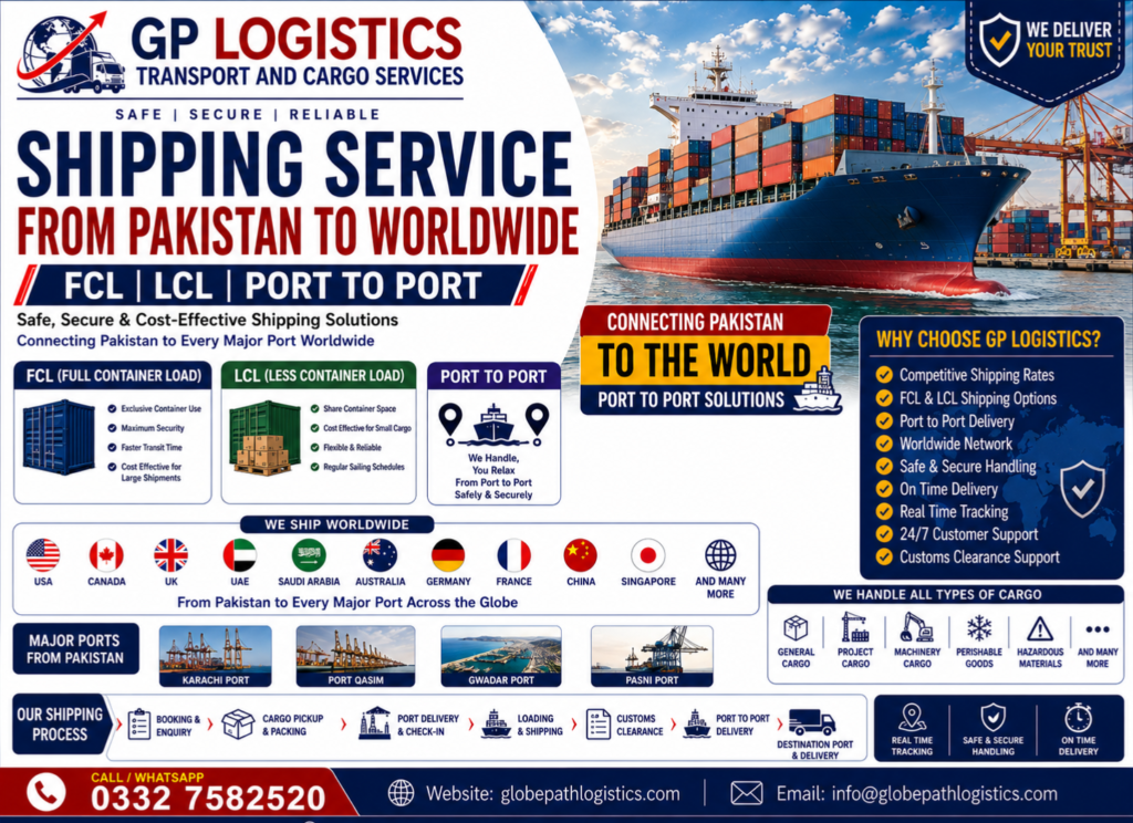 Reliable shipping service from Pakistan to worldwide destinations with secure air freight, sea freight, customs clearance, and door-to-door delivery.