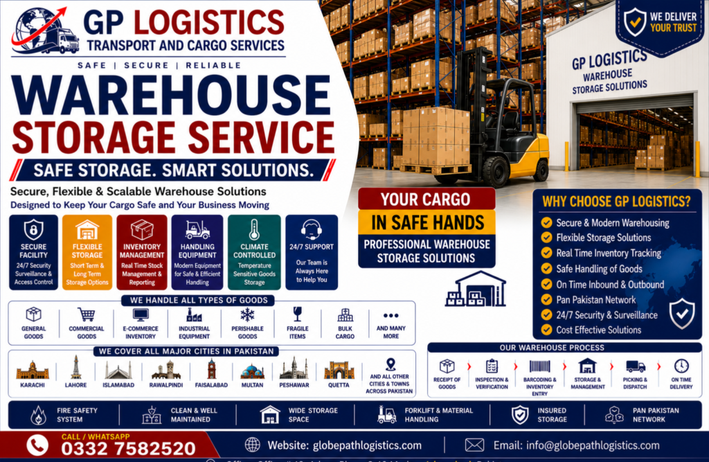 Secure warehouse storage service for household goods, commercial inventory, and business cargo with safe handling and organized storage.