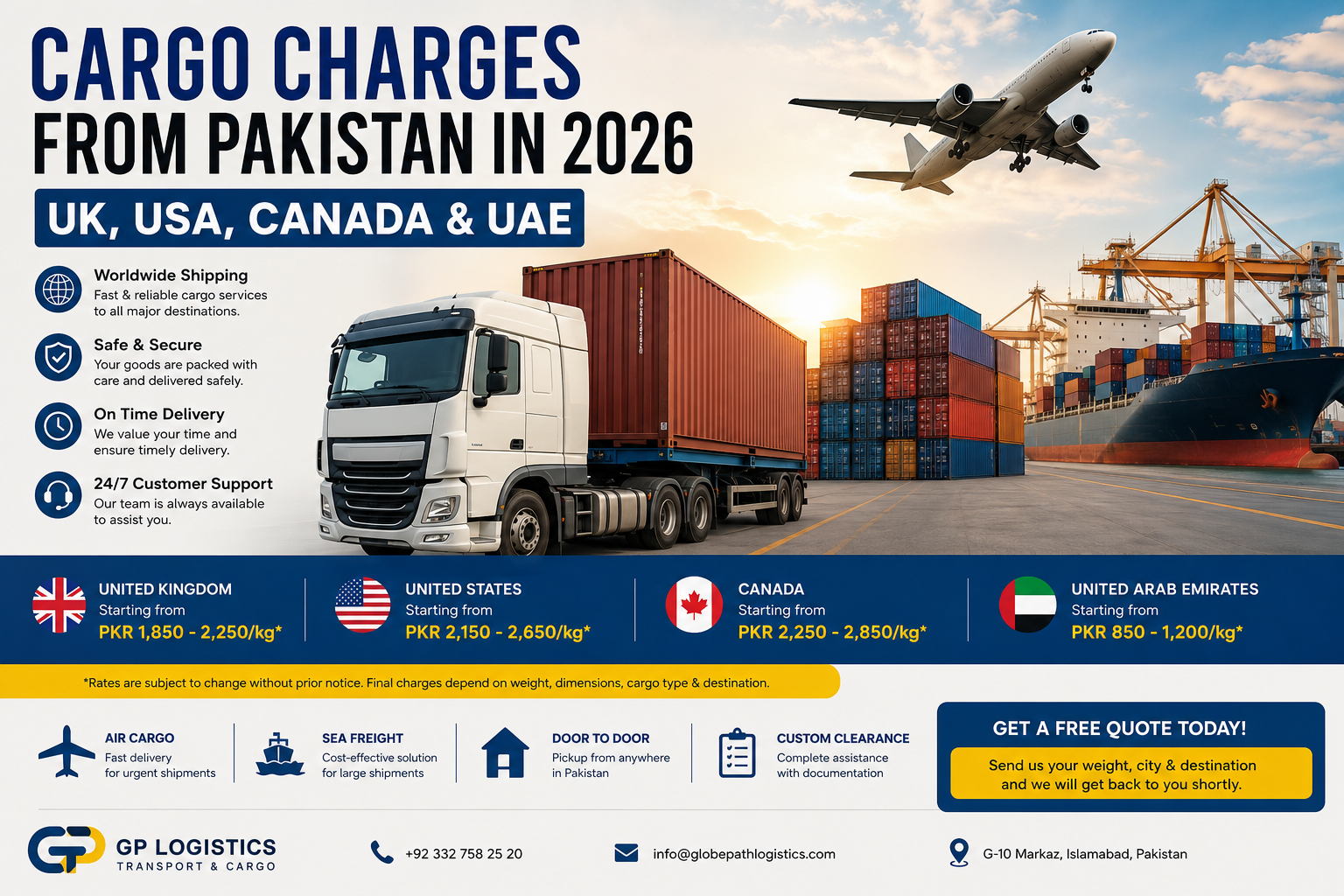 Cargo charges from Pakistan in 2026 for UK USA Canada and UAE